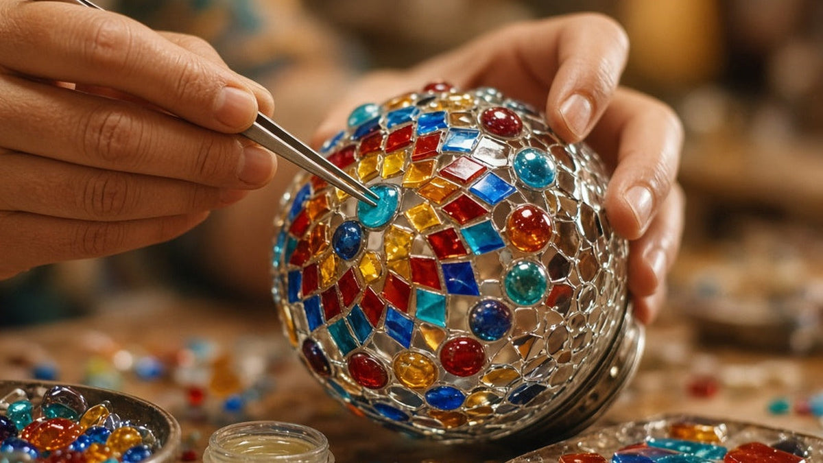 Hands placing stained glass tesserae on a Turkish mosaic lamp during DIY crafting