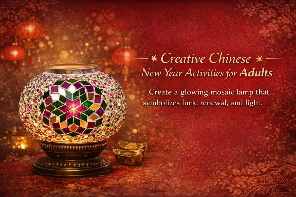 Handmade mosaic globe lamp created by participants during a Chinese New Year workshop