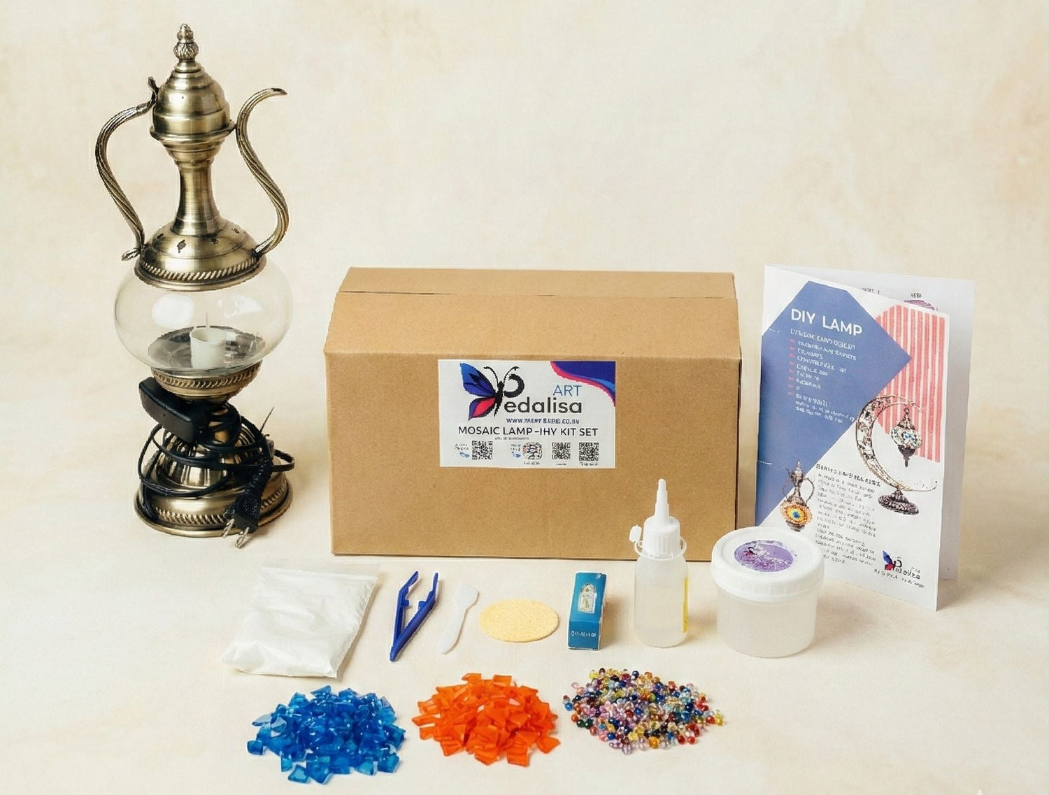 Illuminated handmade Turkish mosaic lamp with colorful star patterns, created using a DIY kit at home.