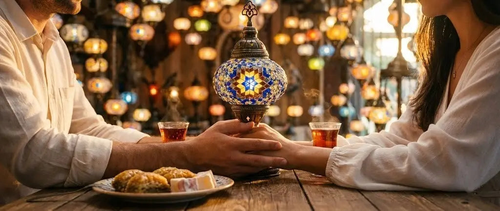 Close-up of a couple's hands touching a glowing mosaic lamp during a romantic date night workshop at Pedalisa Art, with Turkish tea and treats in the background.