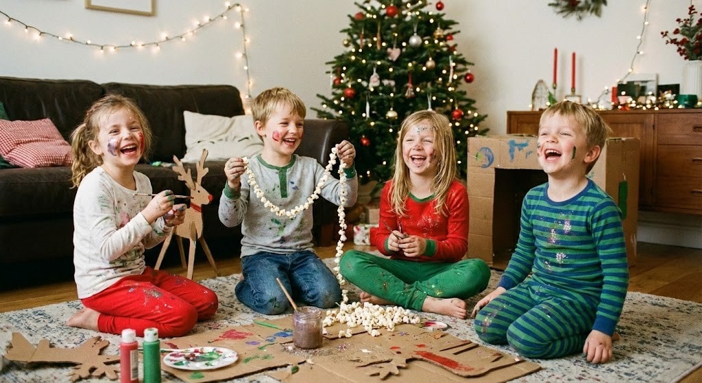 Happy children doing creative DIY crafts and painting at home for screen-free holiday fun.