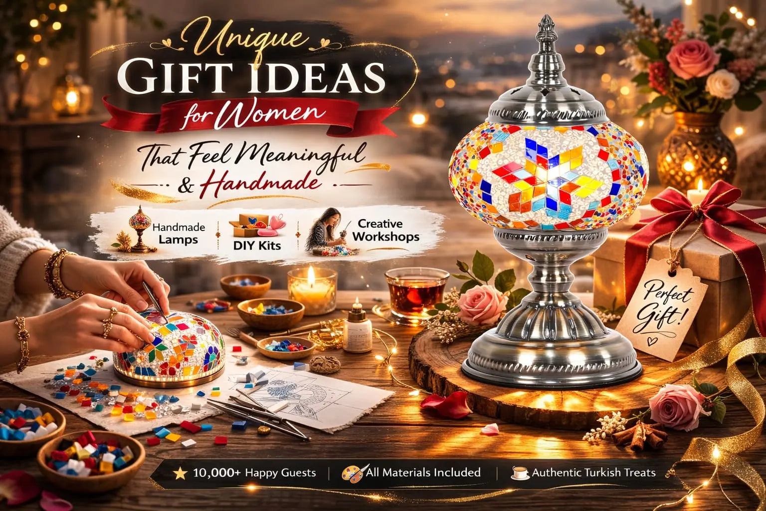 Handmade Turkish mosaic lamp gift ideas for women featuring a real mosaic lamp being crafted by hand and a finished table lamp by Pedalisa Art