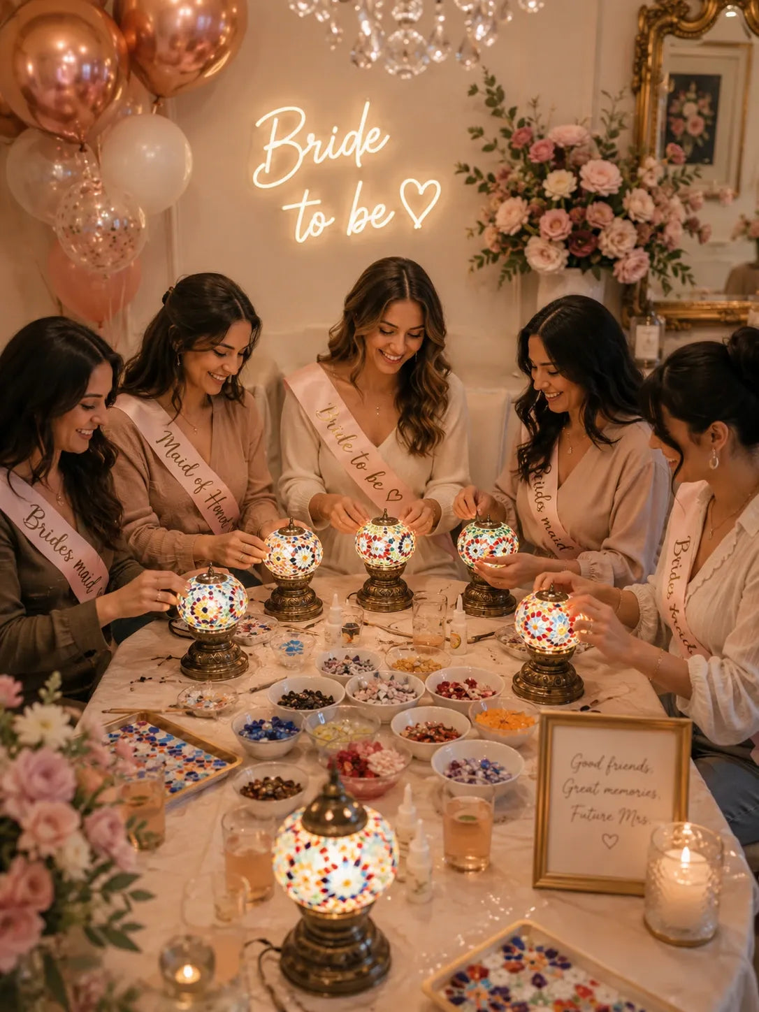 Group of women gathered around a table with decorative lamps and flowers in a celebratory setting.