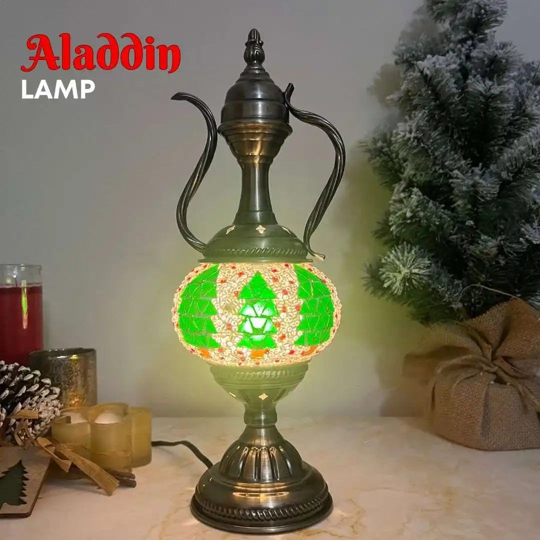 Decorative Aladdin-style lamp with Christmas tree motif and festive green design