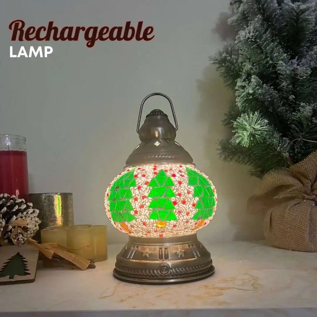 Rechargeable portable lamp with Christmas tree motif and festive green design