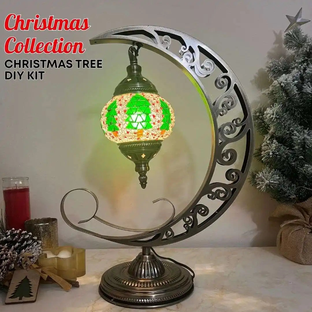 Christmas Tree DIY Kit promotional image featuring decorative moon-style lamp with green tree motif