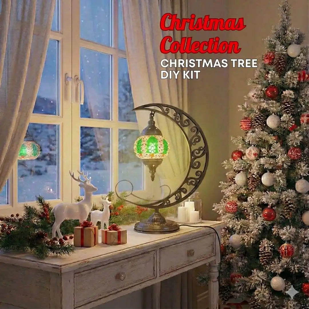 Christmas Tree DIY Kit promotional image featuring decorative moon-style lamp with green tree motif