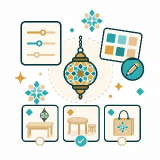 Decorative elements including a lantern, tables, and a bag with design icons on a white background.