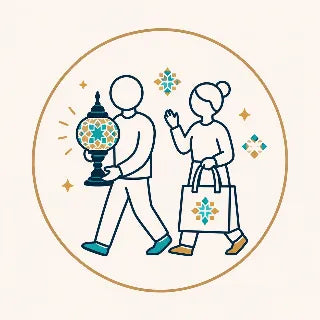 Illustration of two people with a lantern and a shopping bag featuring a logo, set against a white background.