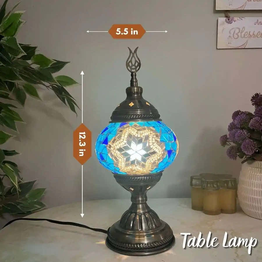 Handmade Turkish Moroccan Mosaic Lamp - Houston Blue White - turkish-lamp-workshop-PedalisaArt