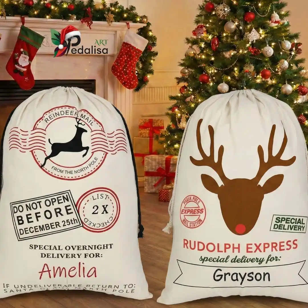 Personalized Canvas Santa Sack: Christmas Gift Bag - turkish-lamp-workshop-PedalisaArt