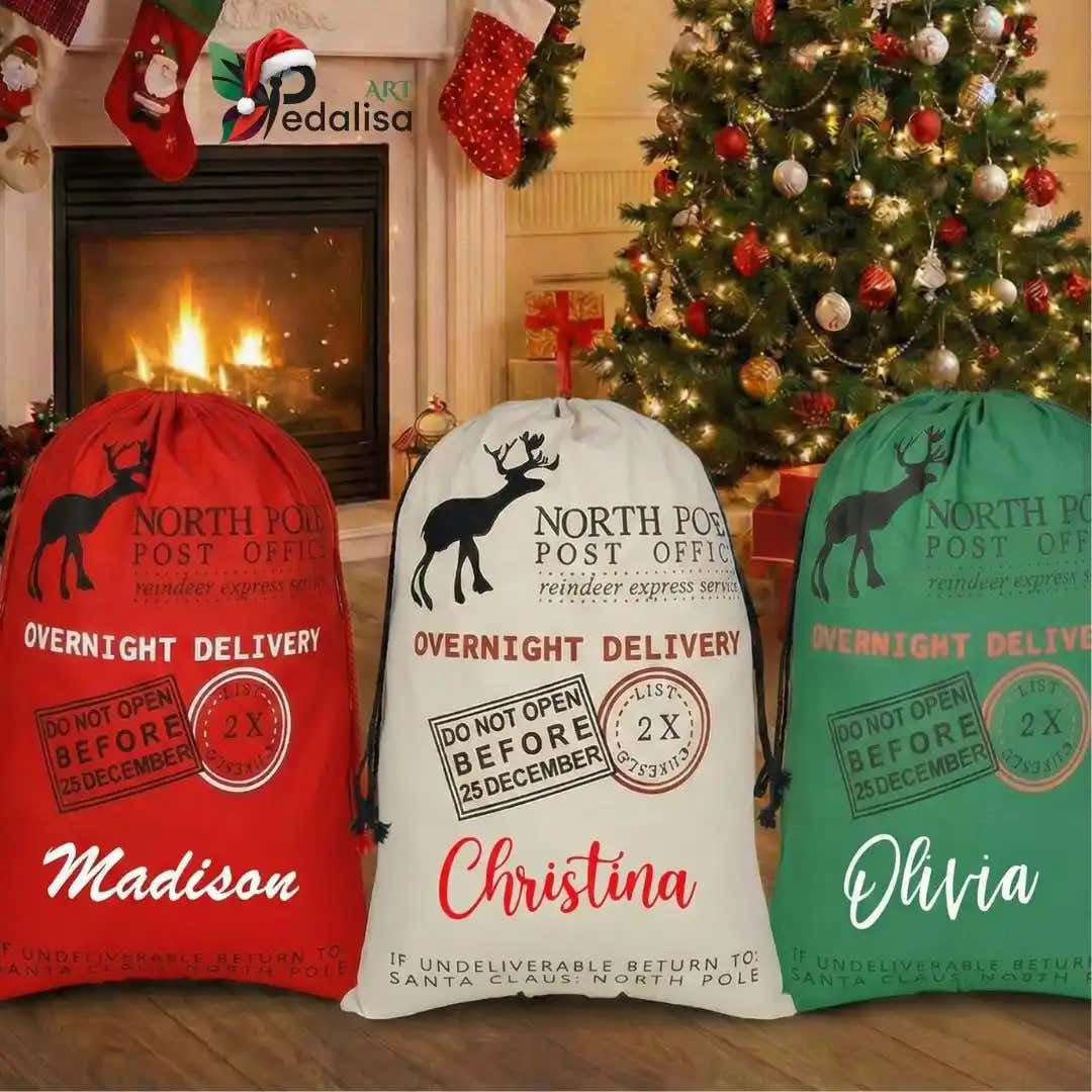Personalized Canvas Santa Sack: Christmas Gift Bag - turkish-lamp-workshop-PedalisaArt