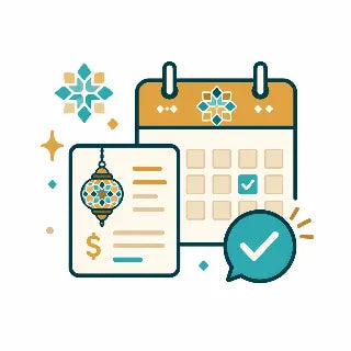 Illustration of a calendar, checklist, and dollar sign with a blue checkmark on a white background.
