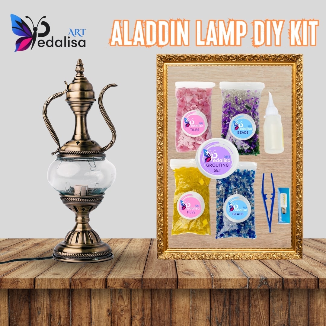 Aladdin lamp DIY kit with decorative frame and materials on a wooden surface