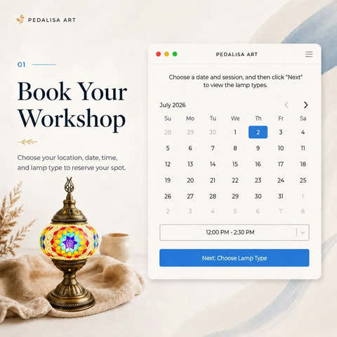 Promotional graphic for Pedalisa Art workshop booking, featuring large text reading 'Book Your Workshop,' a colorful mosaic-style lamp, and a digital calendar interface on the right.