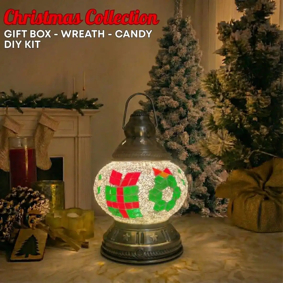 Decorative Christmas lamp with gift box, wreath and candy cane motifs in festive red and green colors