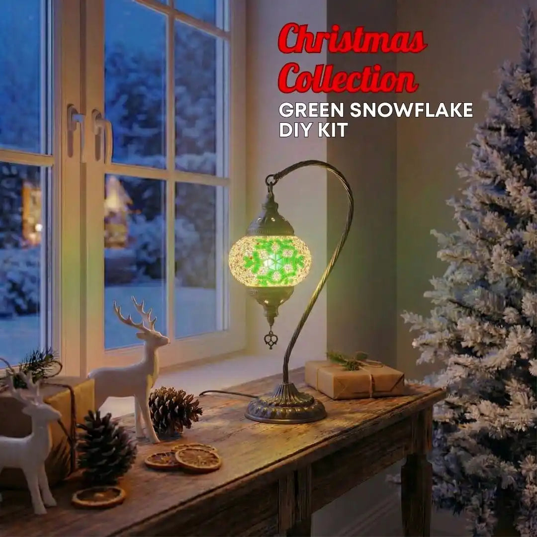 Green Snowflake DIY Kit promotional image featuring decorative moon-style lamp