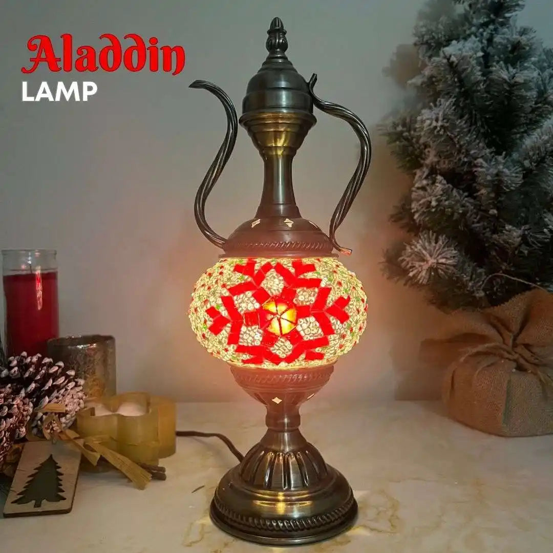 Decorative Aladdin-style lamp with red snowflake pattern mosaic glass and traditional bronze jug design
