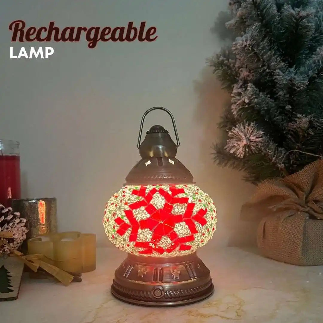 Decorative rechargeable lamp with red snowflake pattern mosaic glass and portable handle