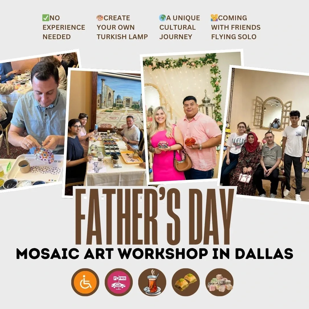 Promotional poster for a Father's Day mosaic art workshop in Dallas with various activities and people involved.
