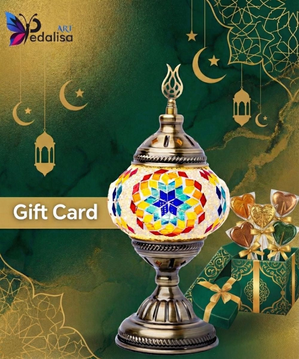 Decorative lamp with colorful design on a green background with gift card text and Pedalisa Art branding.