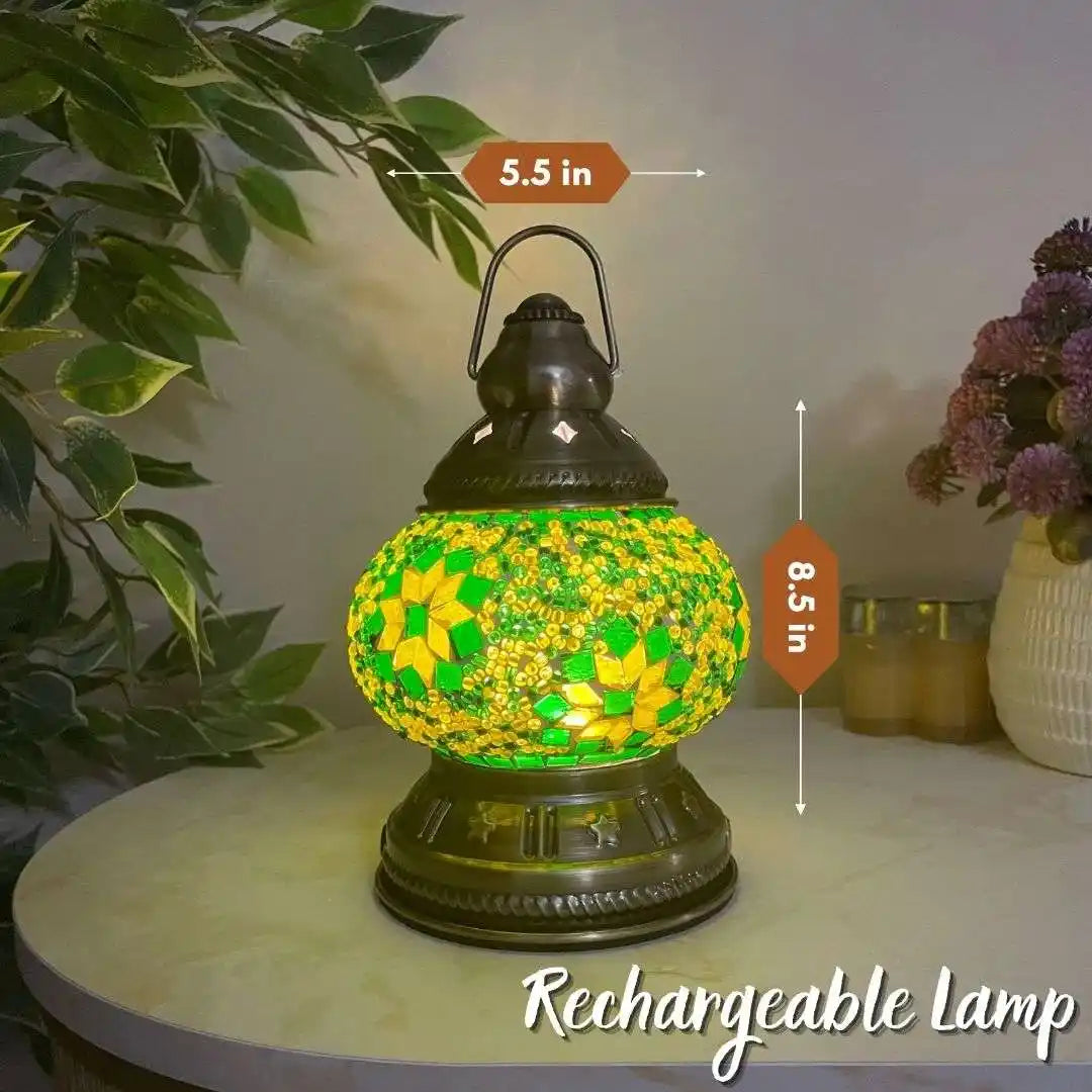 Turkish Moroccan Mosaic rechargeable lamp with dimensions and 'Rechargeable Lamp' text on a decorative setting.
