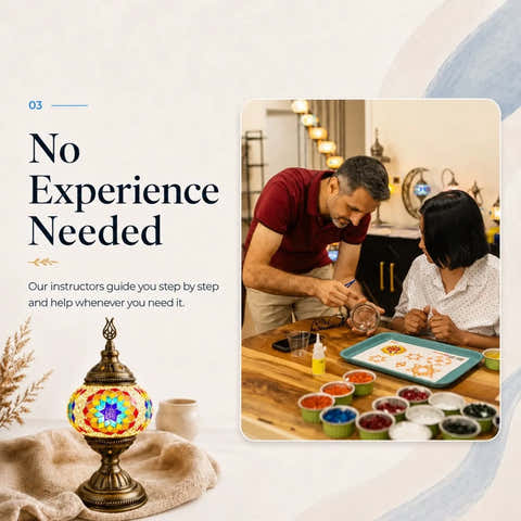 Promotional graphic with the text 'No Experience Needed' beside a lifestyle photo of a man helping a woman craft at a wooden table, alongside a colorful mosaic lamp on a draped fabric surface.