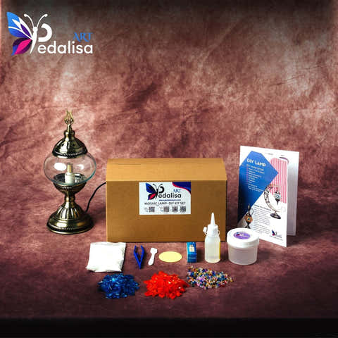 Table Lamp DIY kit with materials and instructions on a brown background