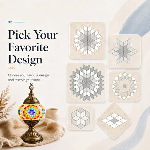 Promotional graphic for selecting a mosaic tile design, featuring six geometric tile patterns in beige and gray on the right, and a decorative multicolor mosaic lamp on a draped fabric surface on the left. Text reads 'Pick Your Favorite Design' with additional placeholder copy.