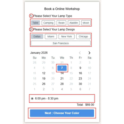 Online workshop booking interface with lamp type and design selection.