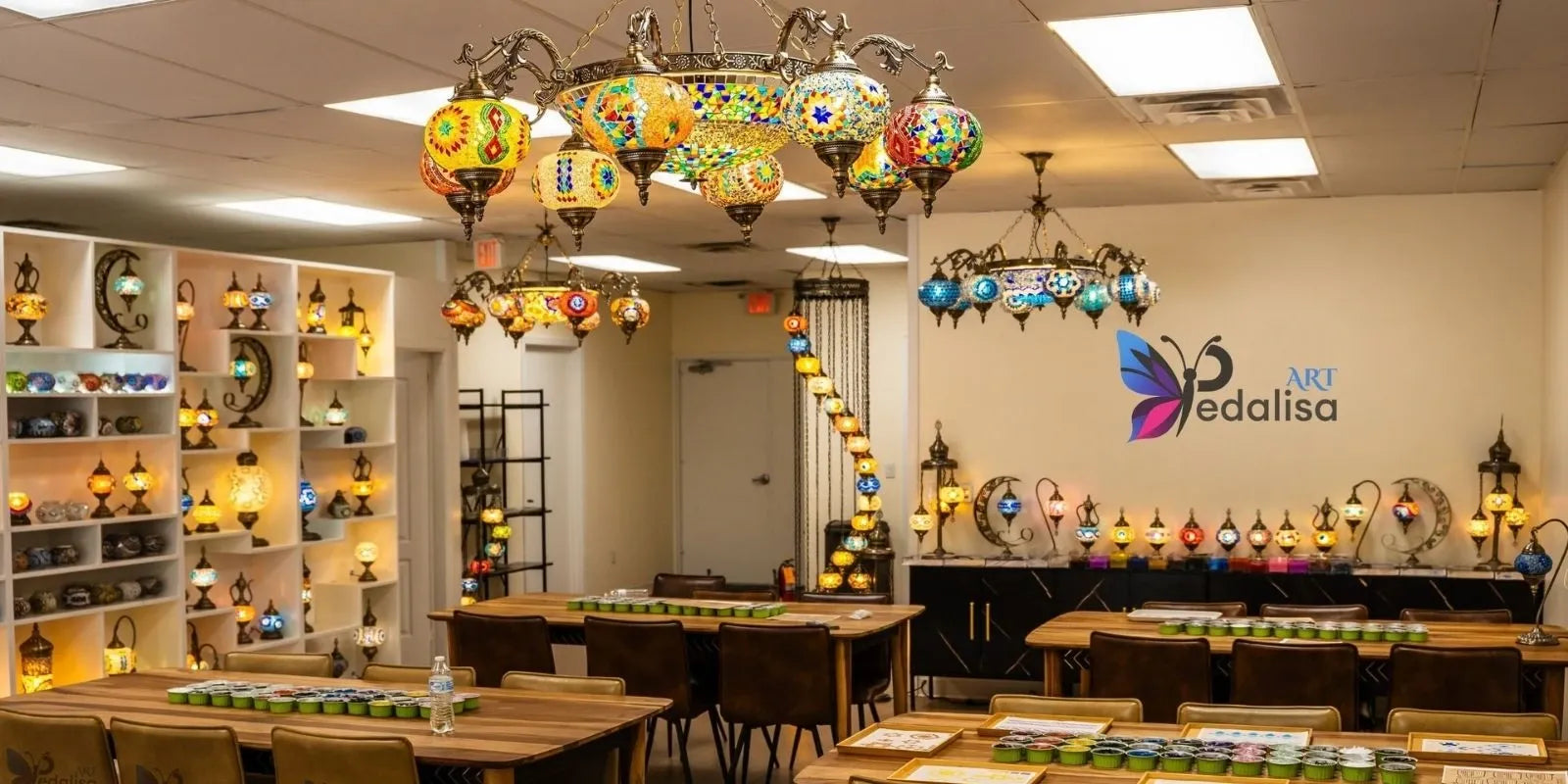 Decorative lighting store with various lampshades on shelves and tables, featuring the brand 'Pedalisa Art'.