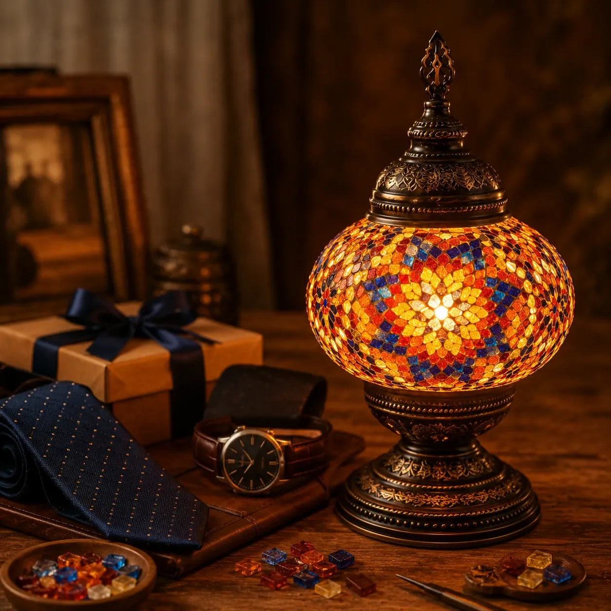 Decorative mosaic lamp on a wooden surface with a gift box and accessories in the background.