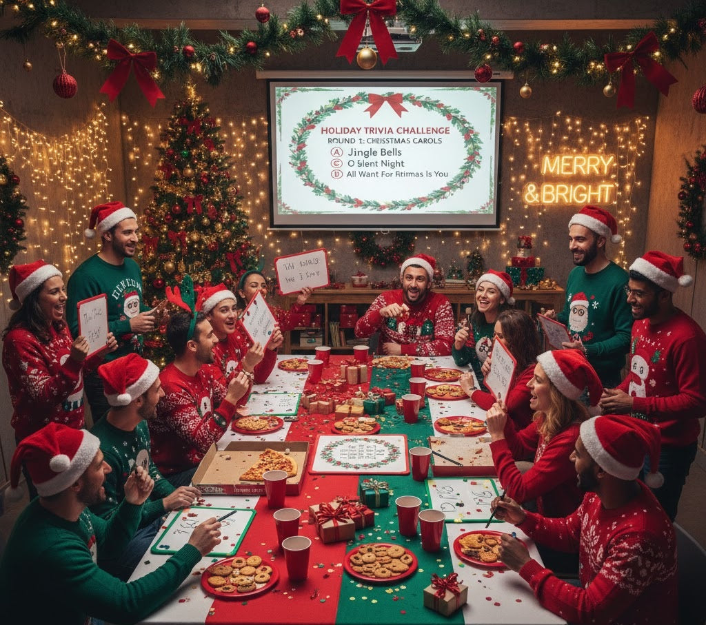 Office team playing Christmas trivia game at holiday party