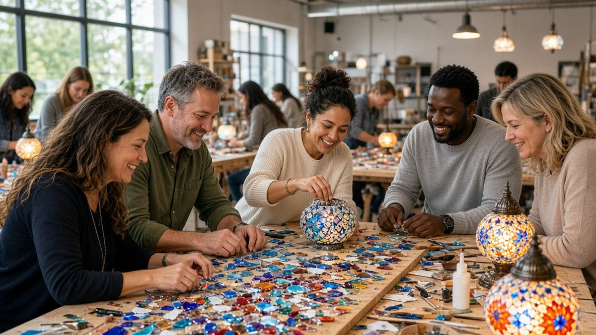 Adults making handmade Turkish mosaic lamps together at a Pedalisa Art group workshop