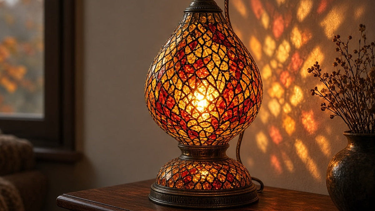 Glowing handmade Turkish mosaic lamp with warm amber glass at Pedalisa Art