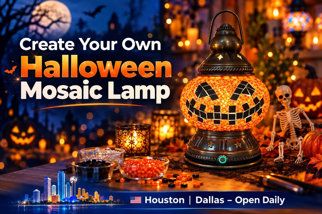 Create your own Halloween jack-o'-lantern Turkish mosaic lamp at Pedalisa Art in Houston and Dallas