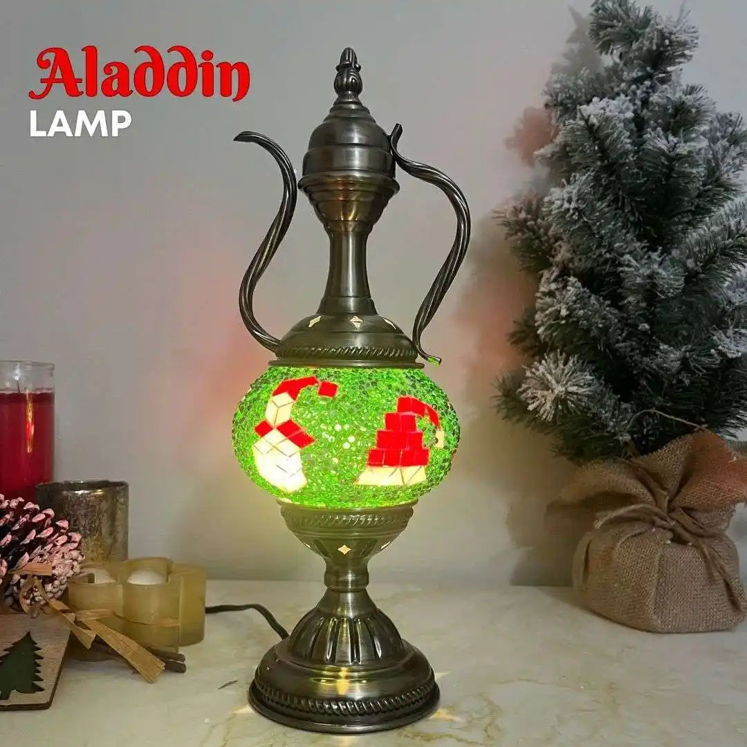 Decorative Aladdin lamp with festive design on a table with Christmas decorations.