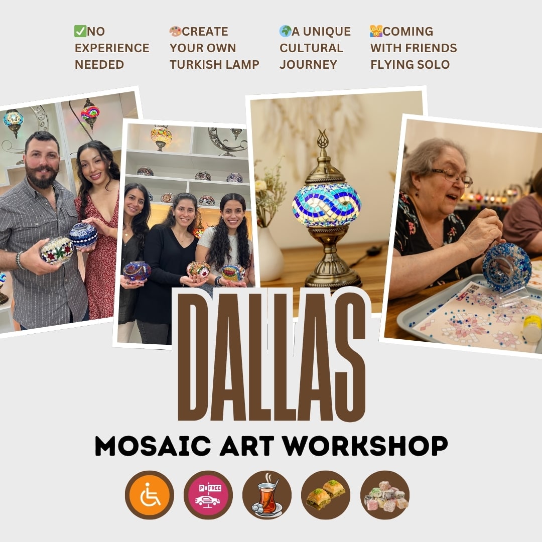 Hands-on Turkish mosaic lamp workshop in Dallas with colorful glass tesserae