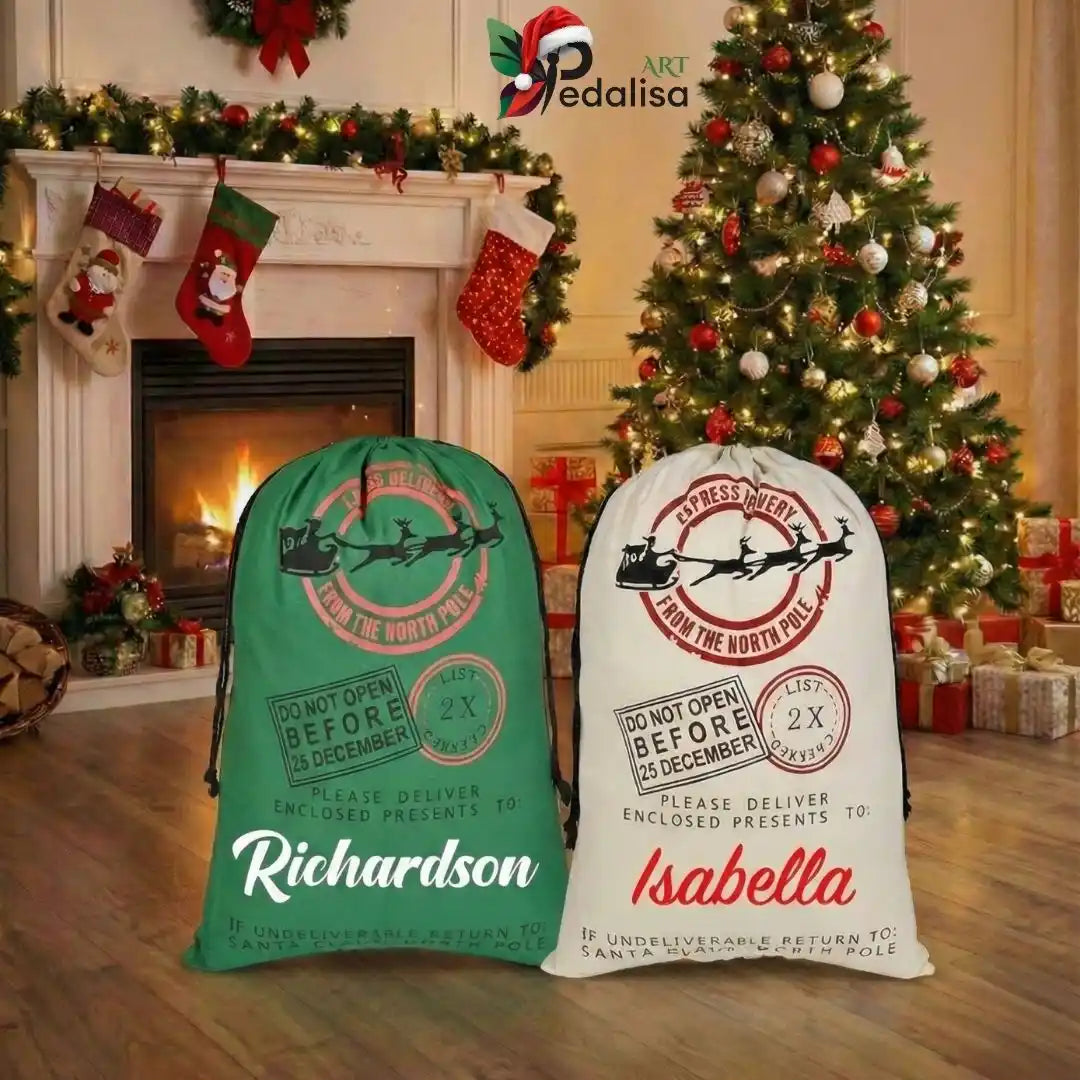 Personalized Canvas Santa Sack: Christmas Gift Bag -  turkish-lamp-workshop-PedalisaArt
