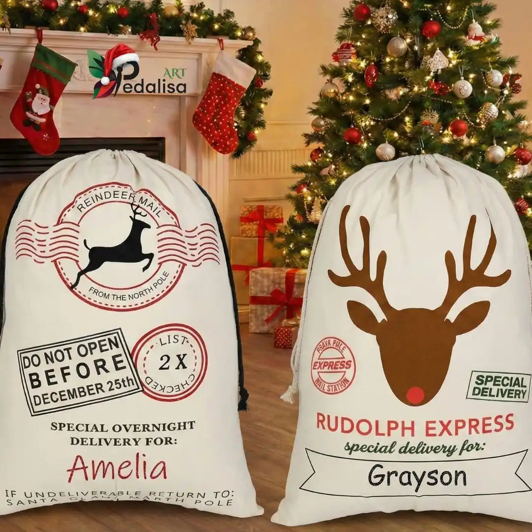 Personalized Canvas Santa Sack: Christmas Gift Bag -  turkish-lamp-workshop-PedalisaArt