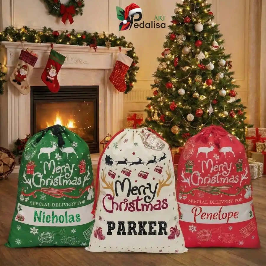 Personalized Canvas Santa Sack: Christmas Gift Bag -  turkish-lamp-workshop-PedalisaArt