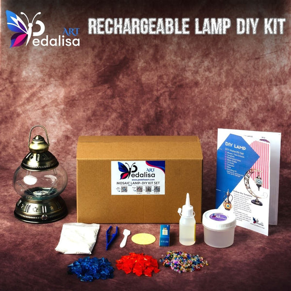 Rechargeable cordless Turkish mosaic lamp DIY kit with glass globe and colorful glass pieces