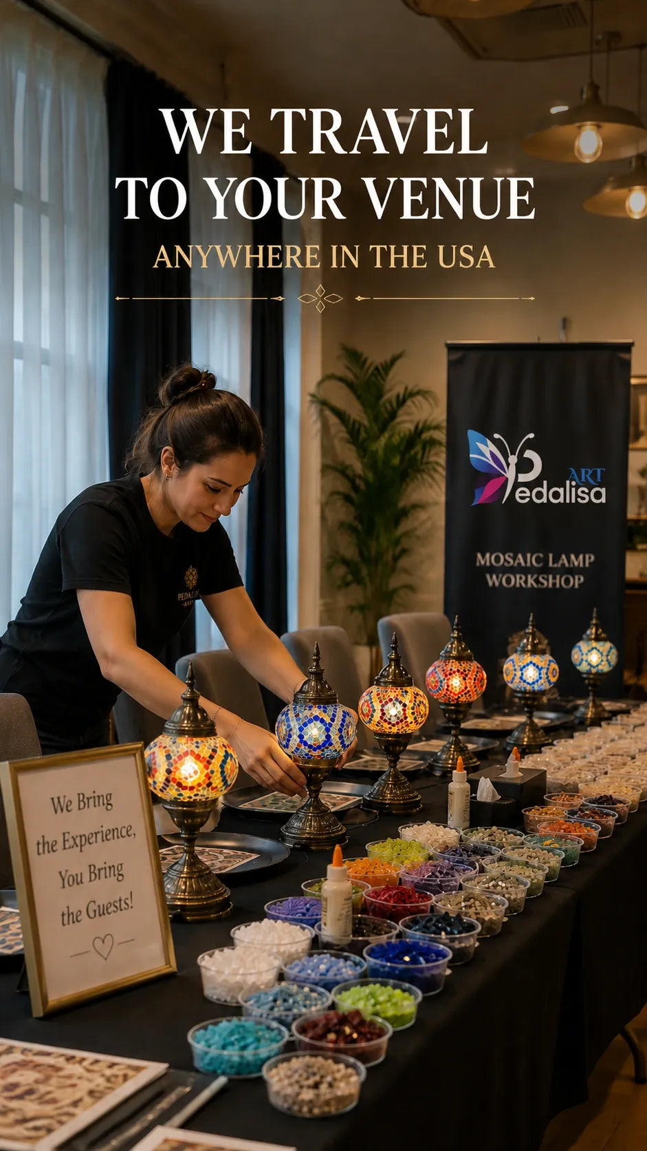 Woman arranging mosaic lamps at a workshop with promotional text overlay.
