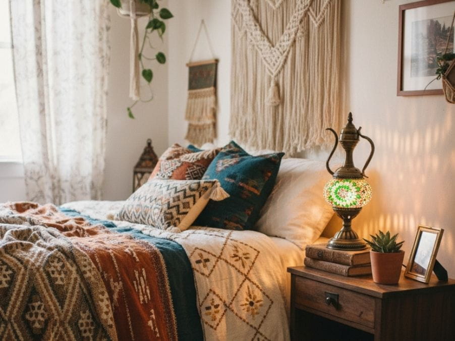 Cozy bedroom with patterned bedding, decorative pillows, and a aladdin lamp on a nightstand.