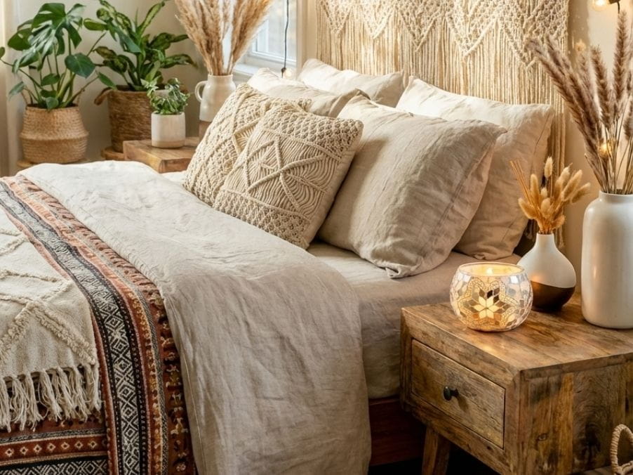 Cozy bedroom with a bed, pillows, and decorative candle holder.