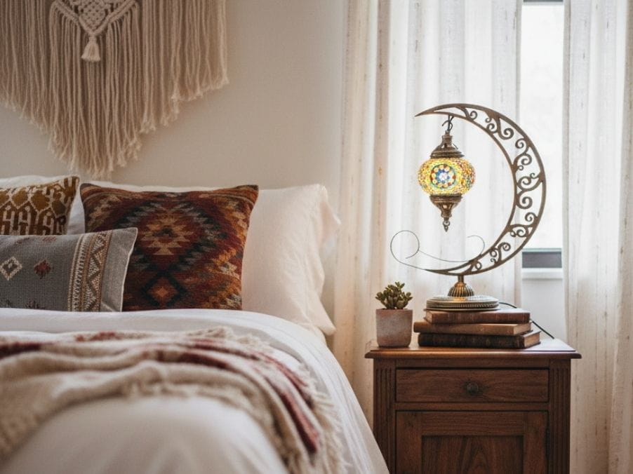 Decorative moon lamp on a nightstand next to a bed with patterned pillows.