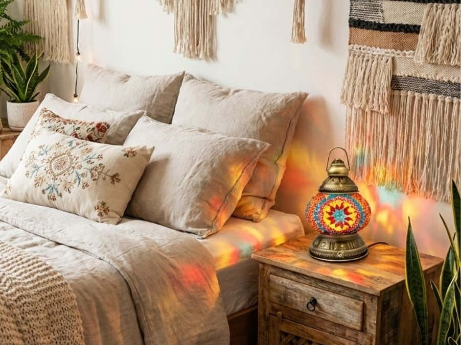 Finished handmade Turkish mosaic lamp glowing after a Houston area workshop
