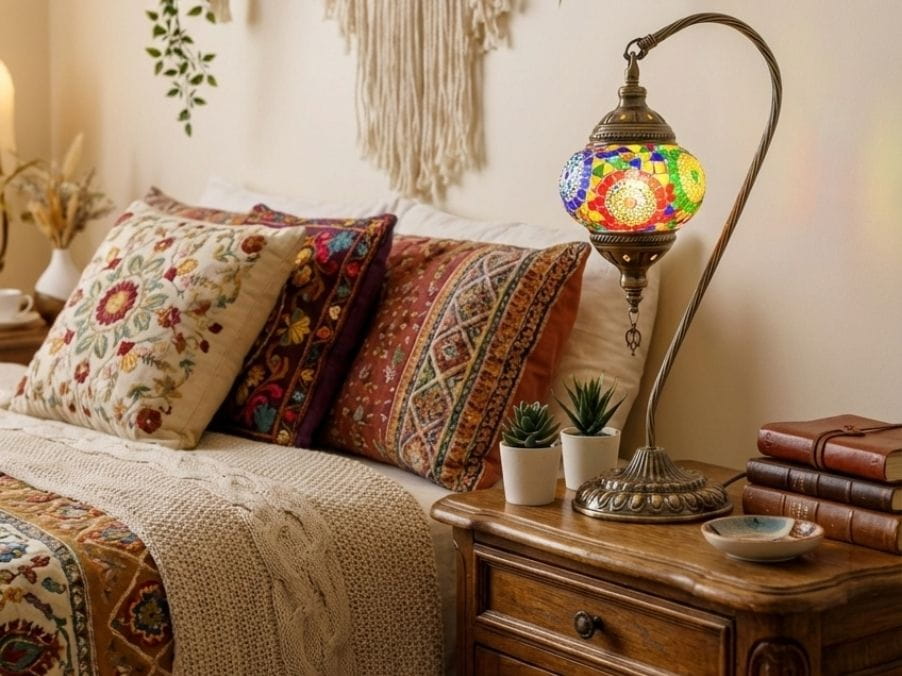 Decorative swan lamp on a nightstand next to a bed with patterned pillows.