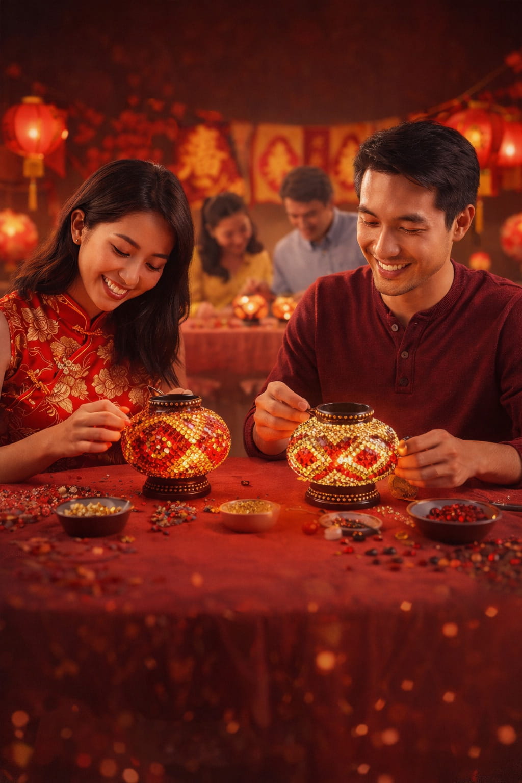 Two people decorating lanterns at a festive table with red tablecloth and decorations.