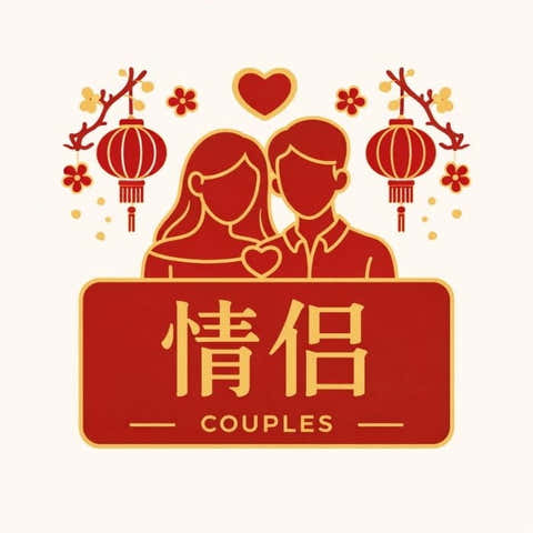 Illustration of a couple with Chinese characters and lanterns on a red background